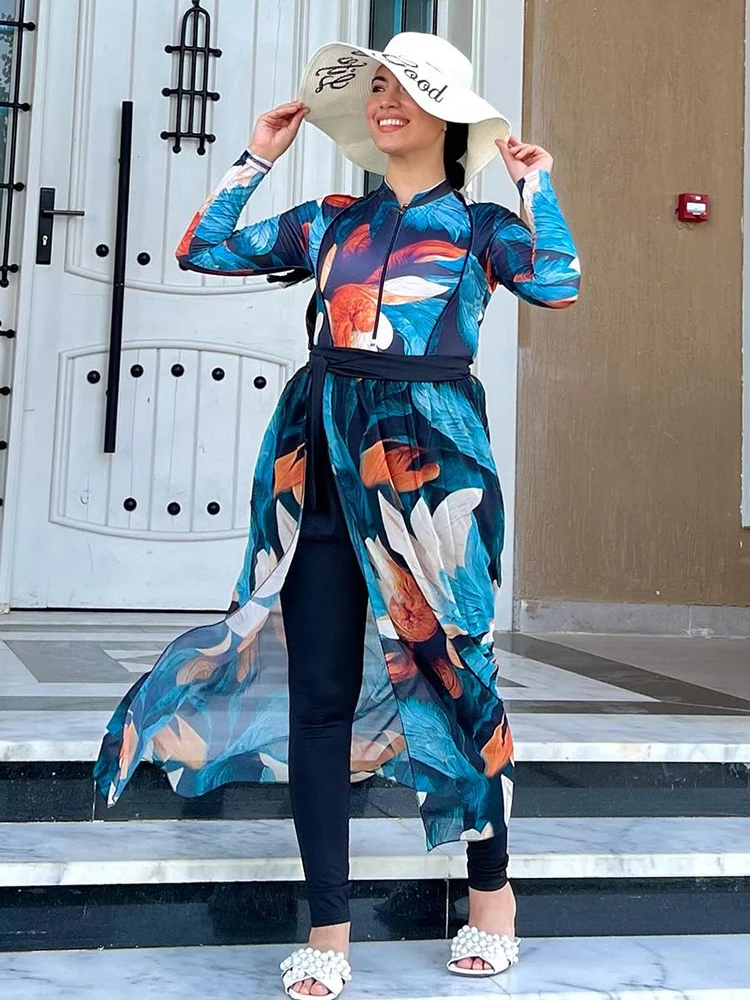 4PCS Floral Muslim Swimsuit Swimwear Modest Burkini Femmes Summer Beach Women's Swimm Suit, Hijab Top Pant Shawl