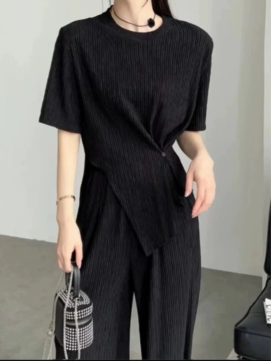 

Антивозрастной уличный дизайн, текстурированный топ + брюки, комплект из двух предметов, нестандартный модный женский летний наряд