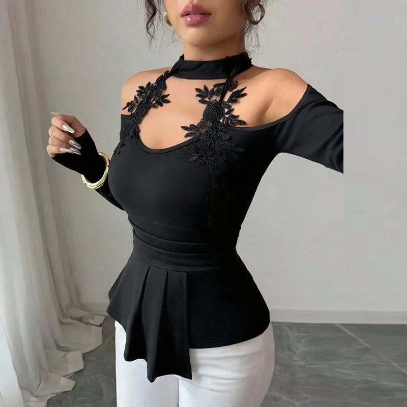 Fashion Women Blouses Sexy Cold Shoulder Skinny Top Elegant Long Sleeve Shirt Women Sexy Tops Female All Match Shirt Black