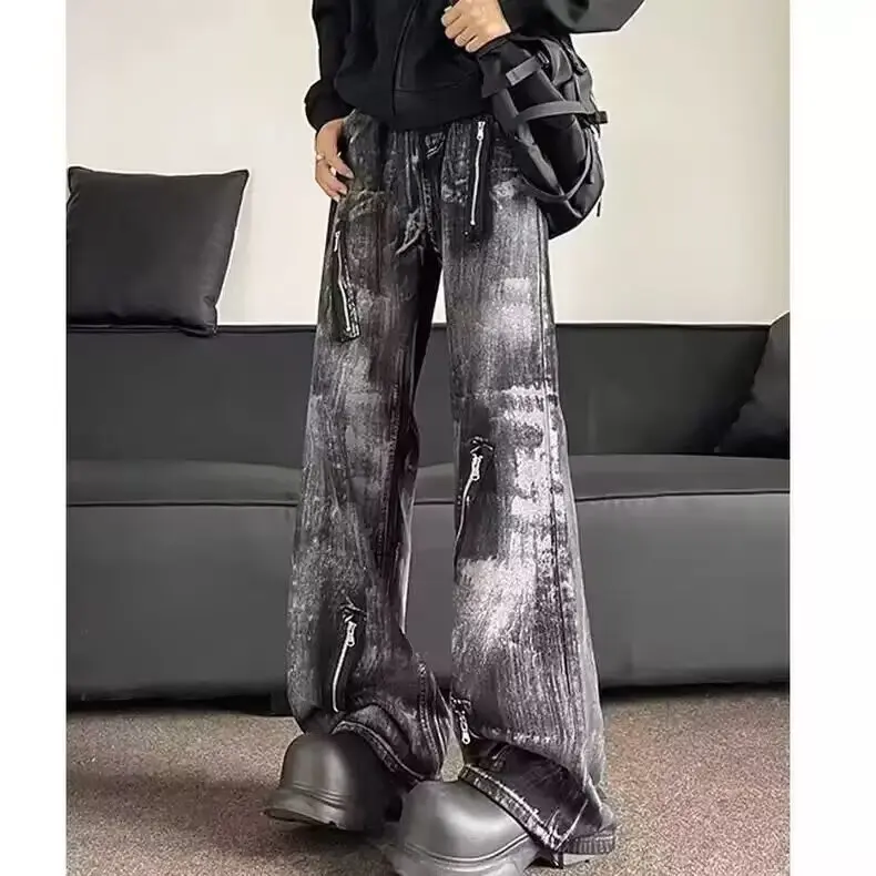 جينز رجالي صيفي للتخسيس مستقيم الساق وسحاب تصميم التعادل صبغ الدينيم مقاس كبير 250 Pou American Sle خمر البوليستر #1