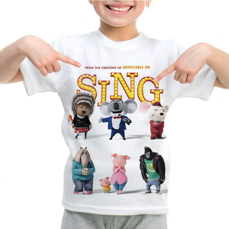 

Детские популярные футболки из фильма Sing2 с героями мультфильмов, футболки с круглым вырезом, звуки счастливых животных, детская свободная футболка без капюшона с короткими рукавами, жилет Y2k