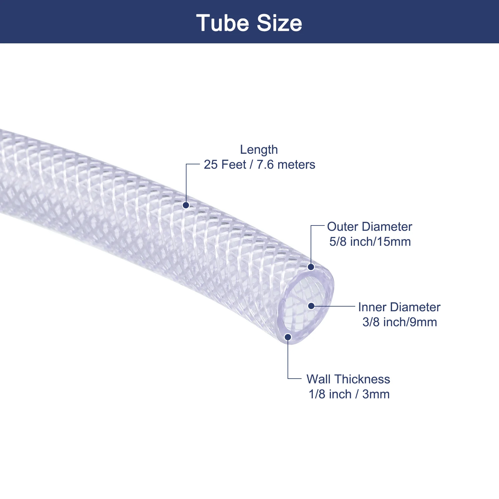 1Pcs PVC Tube Braided Reinforced Tubing Flexible Hose Pipe Clear Soft Tube Suction Chemical Pressure Resistant Tubing 10/25 Feet