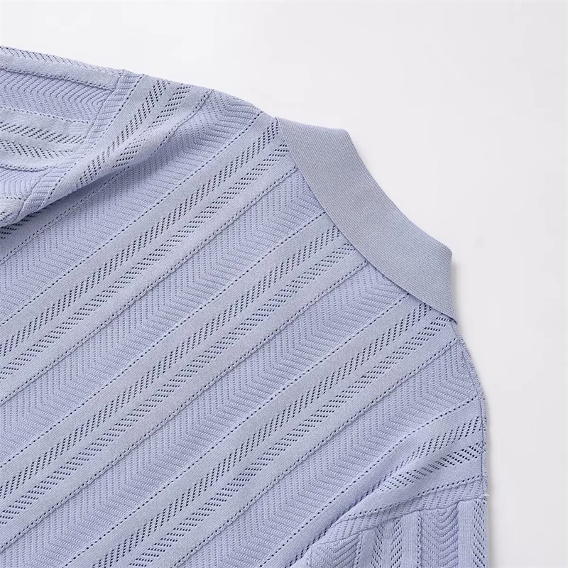 KEYANKETIAN صيف جديد المرأة طوق قصيرة الأكمام جوفاء قميص بولو واحدة الصدر سترة مشغولة من الصوف المرأة تي شيرت #3