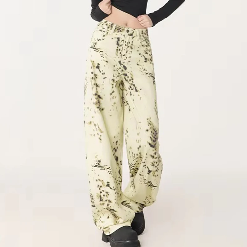 

Сексуальные леопардовые женские джинсы с высокой талией, прямые джинсовые брюки, женская мода, уличная одежда, стиль Y2K, женские широкие длинные брюки, джинсы