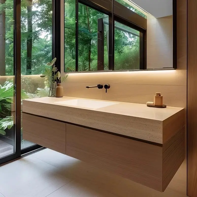 Rock slab seamless bathroom cabinet integrated ceramic combination bathroom hand washing hotel wash intelligent storage face was