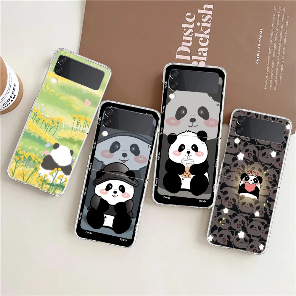 Phone Case For Samsung Galaxy Z Flip 3 4 5 fold High Hard PC Shell For Galaxy Z Flip 3 5 Clear Cover Cute Panda Climbing Bamboo