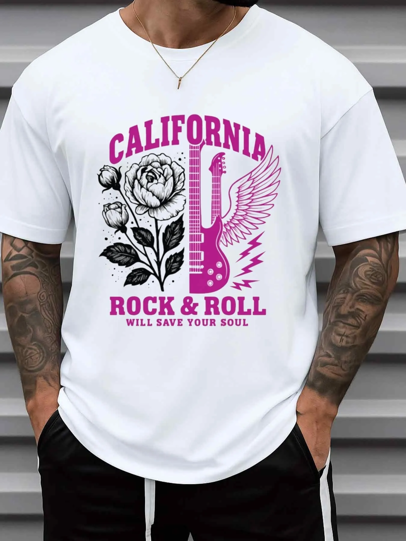 Men's Vintage California Rock Music Graphic T-Shirt - White T-Shirt with Music Print (Guitar, Rose, and 