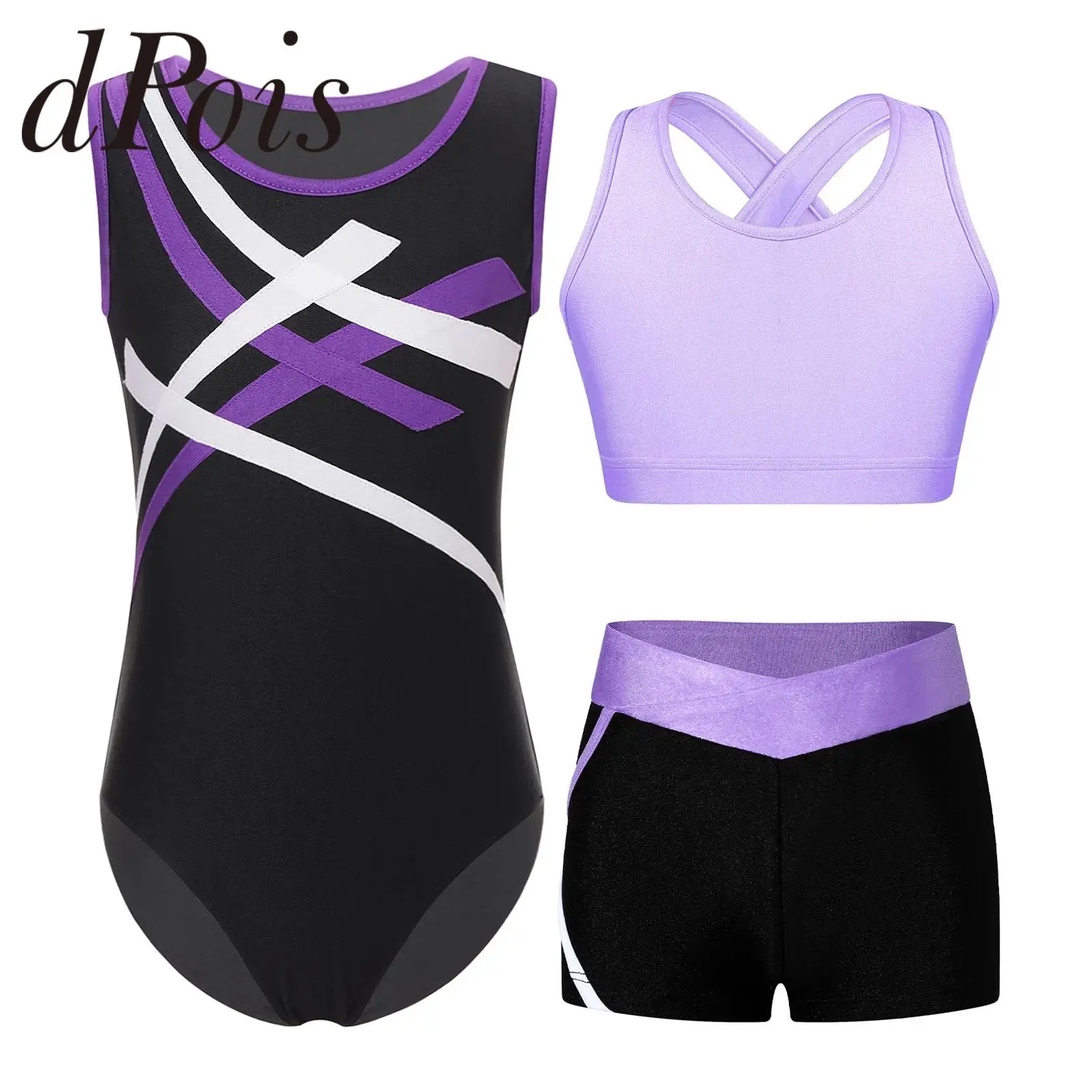 

Kids Girls Rhythmic Gymnastics Jumpsuit Outfit Contrast Color Ballet Tutu Leotard with Cropped Vest Shorts Teen Dancewear Sets