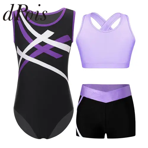 Mono de gimnasia rítmica para niñas, traje de Color contrastante, tutú de Ballet, leotardo con chaleco recortado, pantalones cortos, conjuntos de Ropa de baile para adolescentes