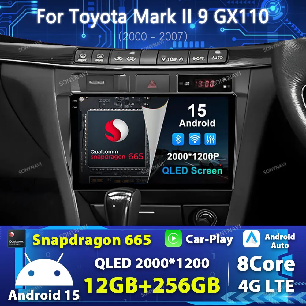 Автомобильный радиоприемник Android 15 для Toyota Mark II 9 GX110 2000-2007 Мультимедийный видеоплеер GPS NAVI Carplay Auto 2K Экран 4G WIFI QLED