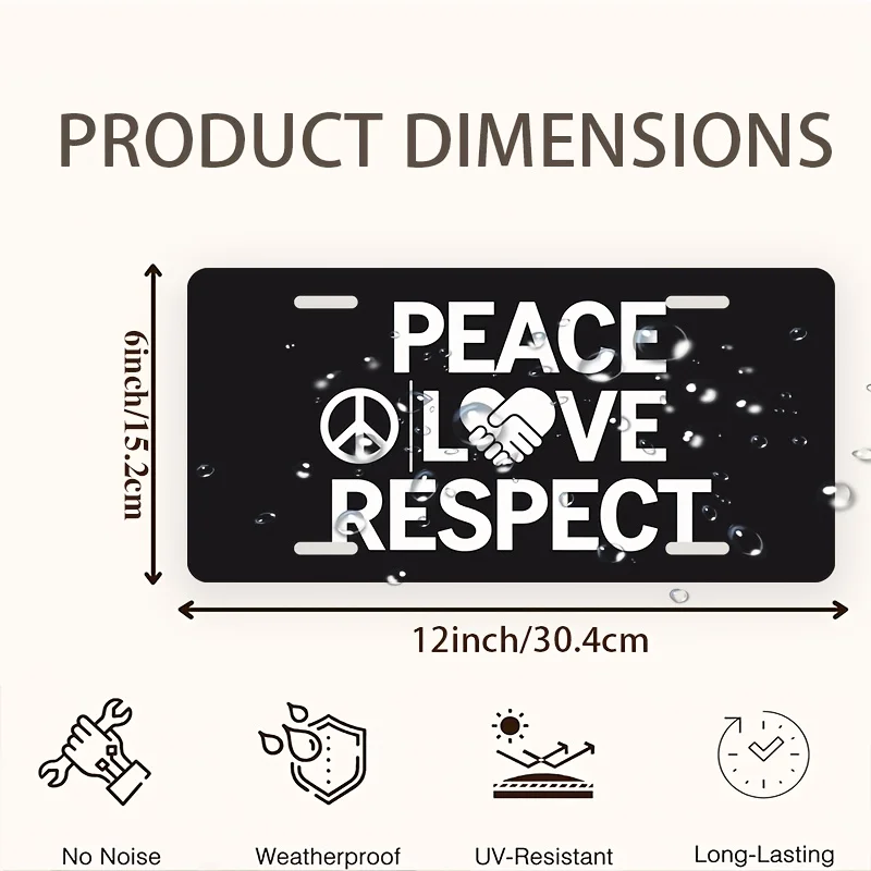 Peace Love Respect License Plate Cover Black Car Decoration Peace Sign Handshake Icon 6x12 Inches