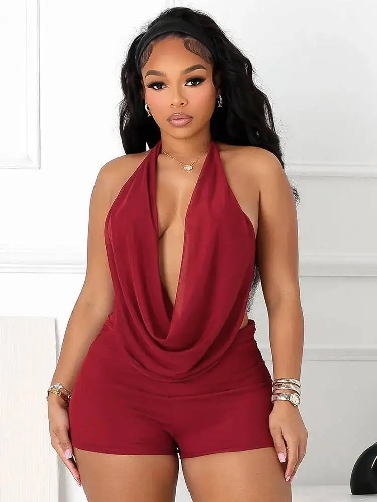 Sexy elegante 2 peça conjunto halter sem costas bandagem gola balanço regatas + shorts combinando streetwear apertado estiramento terno n8mk