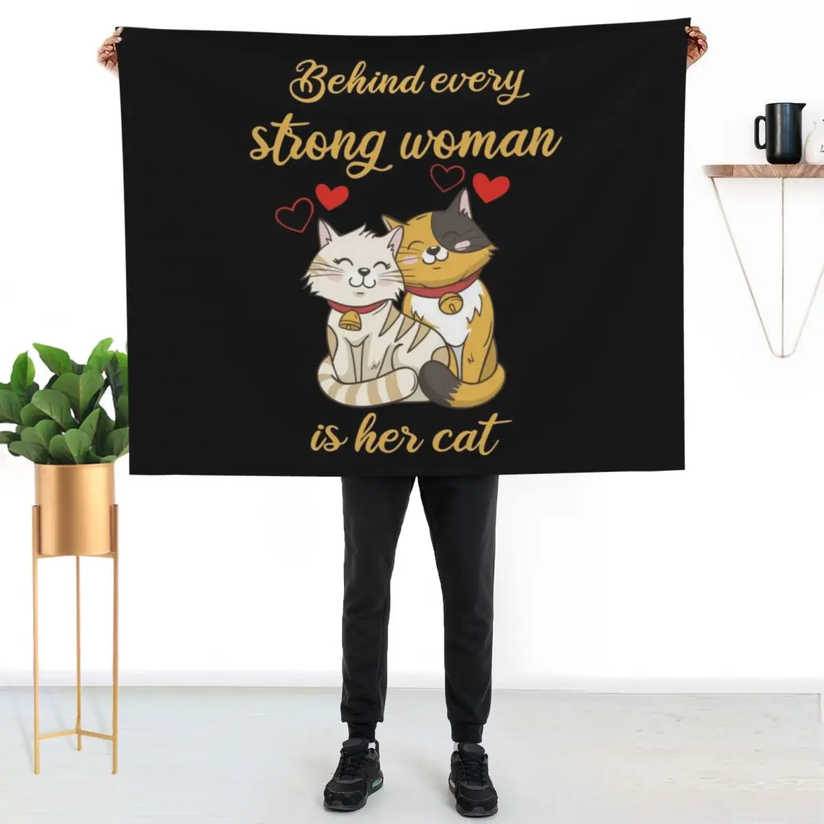 behind every strong woman is her cat Throw Blanket Sofa Quilt Personalized Gift Kid'S Multi-Purpose Soft Plaid Heavy Blankets