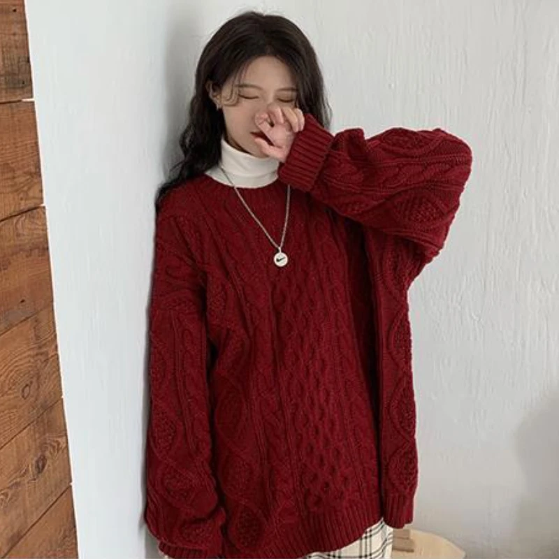 Red Vintage Knitted Sweaters Autumn Winter Pullovers for Women Chic Baggy Students Korean Style Aesthetic College Stylish Basic