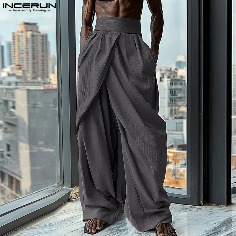 INCERUN 2024 American Style Trousers Fashion Men Solid Pleated Cross Design Long Pants Casual Party Shows High Waisted Pantalons