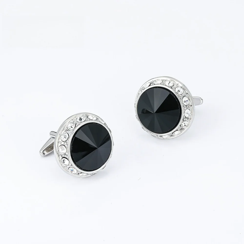 Men Round Black Cufflinks with Surround Silver Tone Metal Cuff Links Business Wedding Formal Shirt Accessories for Gentleman