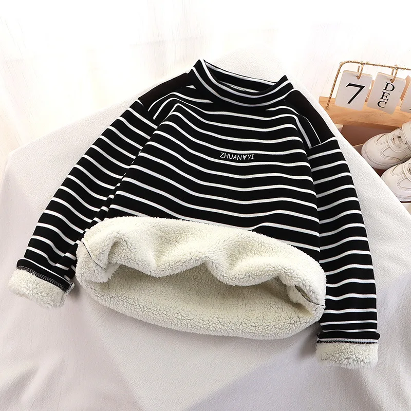 New Girls Padded Bottoming Shirt Boys Striped Turtleneck Jumper Autumn Winter Children Warm Fashion Casual Long-Sleeved Sweater