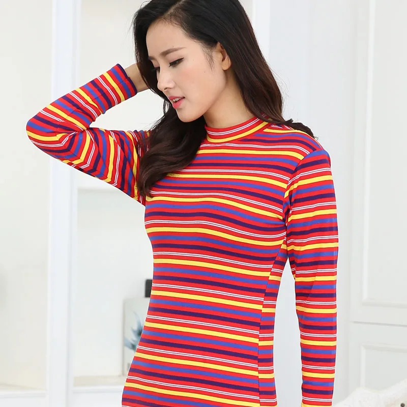 Ladies High Collar Loose Thermal Underwear Top Pure Cotton Striped plus Size Warm Innerwear Comfortable Classic Commute Sle