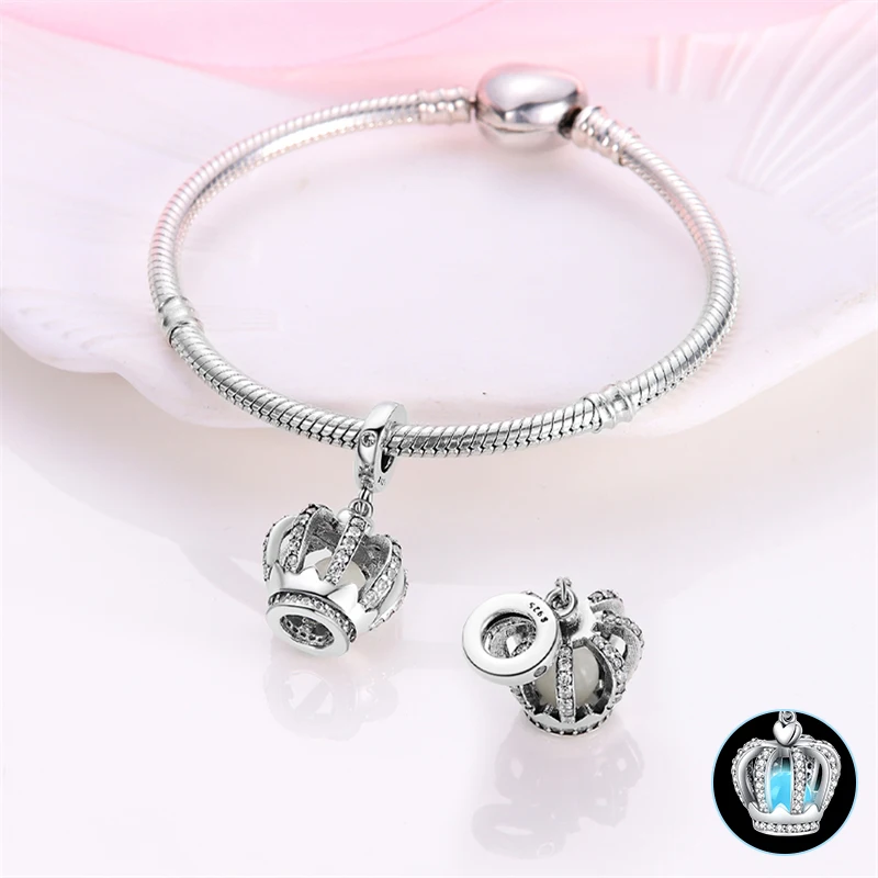 Silver Crown Crystal Ball Charms Beads Fit Original Bracelet Bag Keychain Earring Charm Bead Pendant Diy Women Jewelry Gift