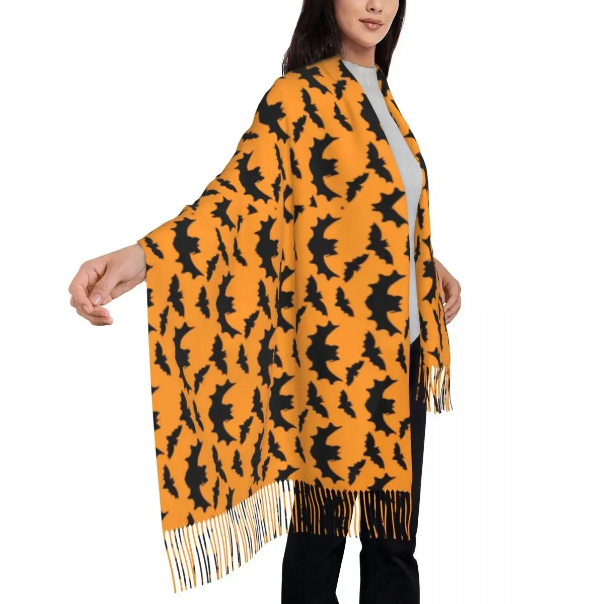 Foulard Chaud et Doux Noir Chauve-Souris avec Long Gland pour Homme et Femme, Châle de Dessin Animé d'Halloween, Collection Automne