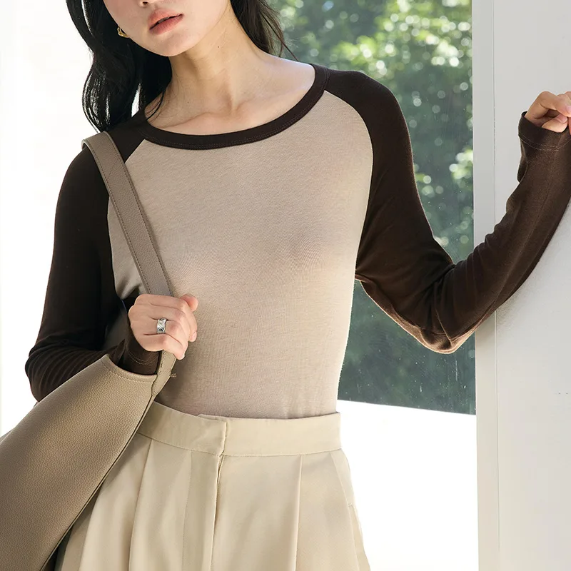 Abbigliamento da donna Anali primaverili e autunnali Versione sottile Strato base Blocco colore Maniche lunghe Top Girocollo Maglieria