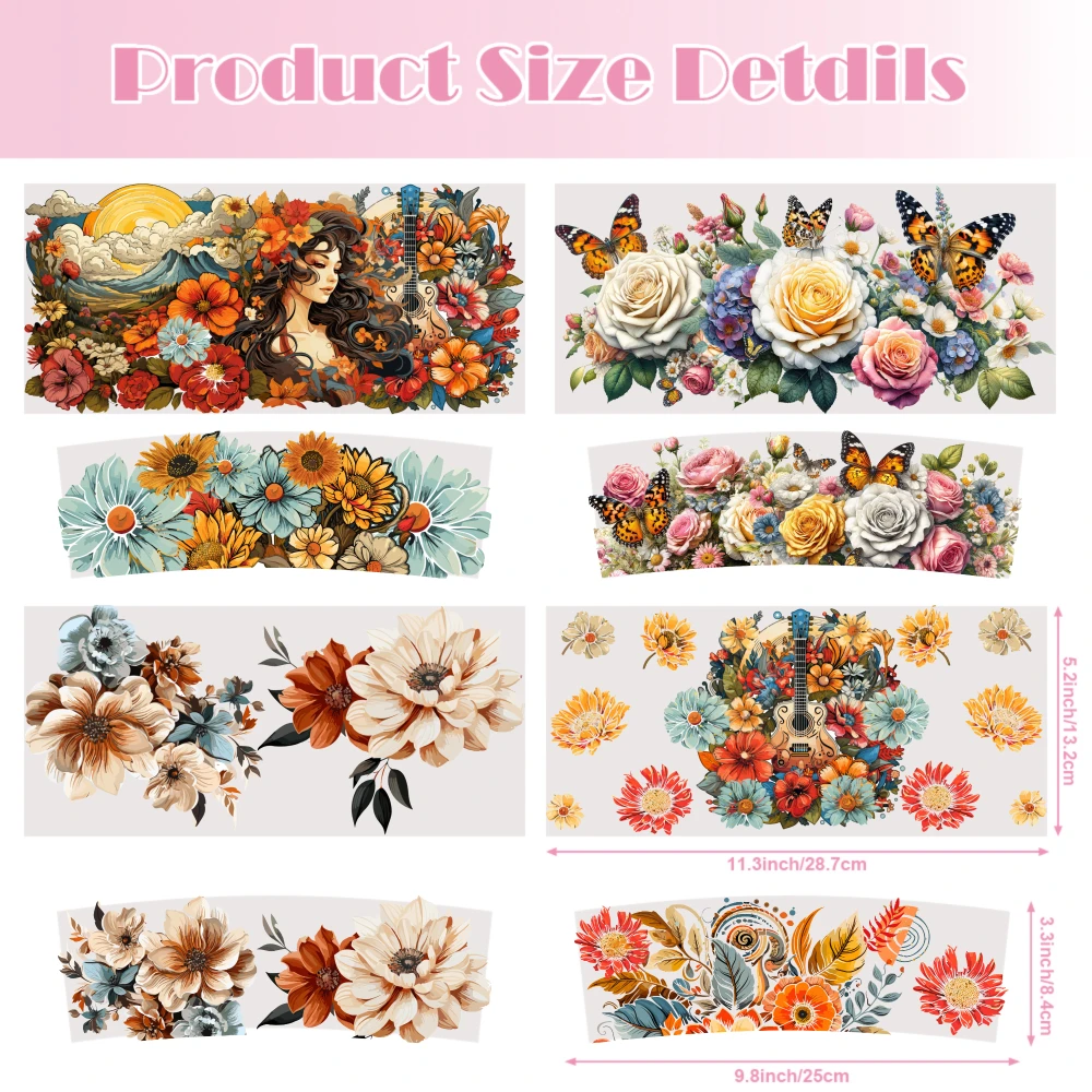 4 Sheets Floral Butterflies Guitar Sunflower Daisies Roses Leaves Patterns UV DTF Stickers for 40oz Tumblers Waterproof DIY Cup