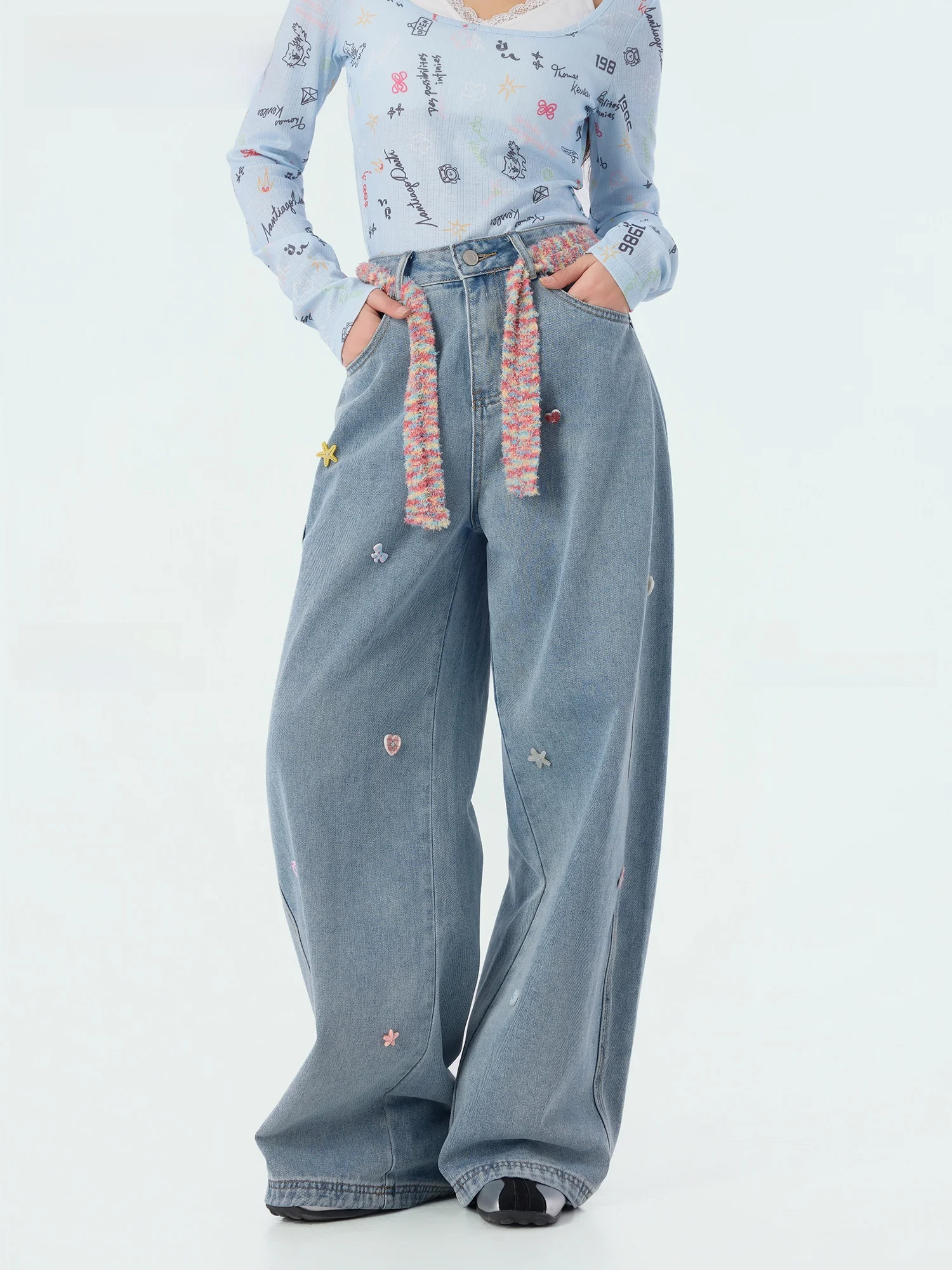 

Spring New Wide Leg Decorative Embellied Jeans Casual Loose Fit Pants Knot Detail Cotton l Waist Jeans