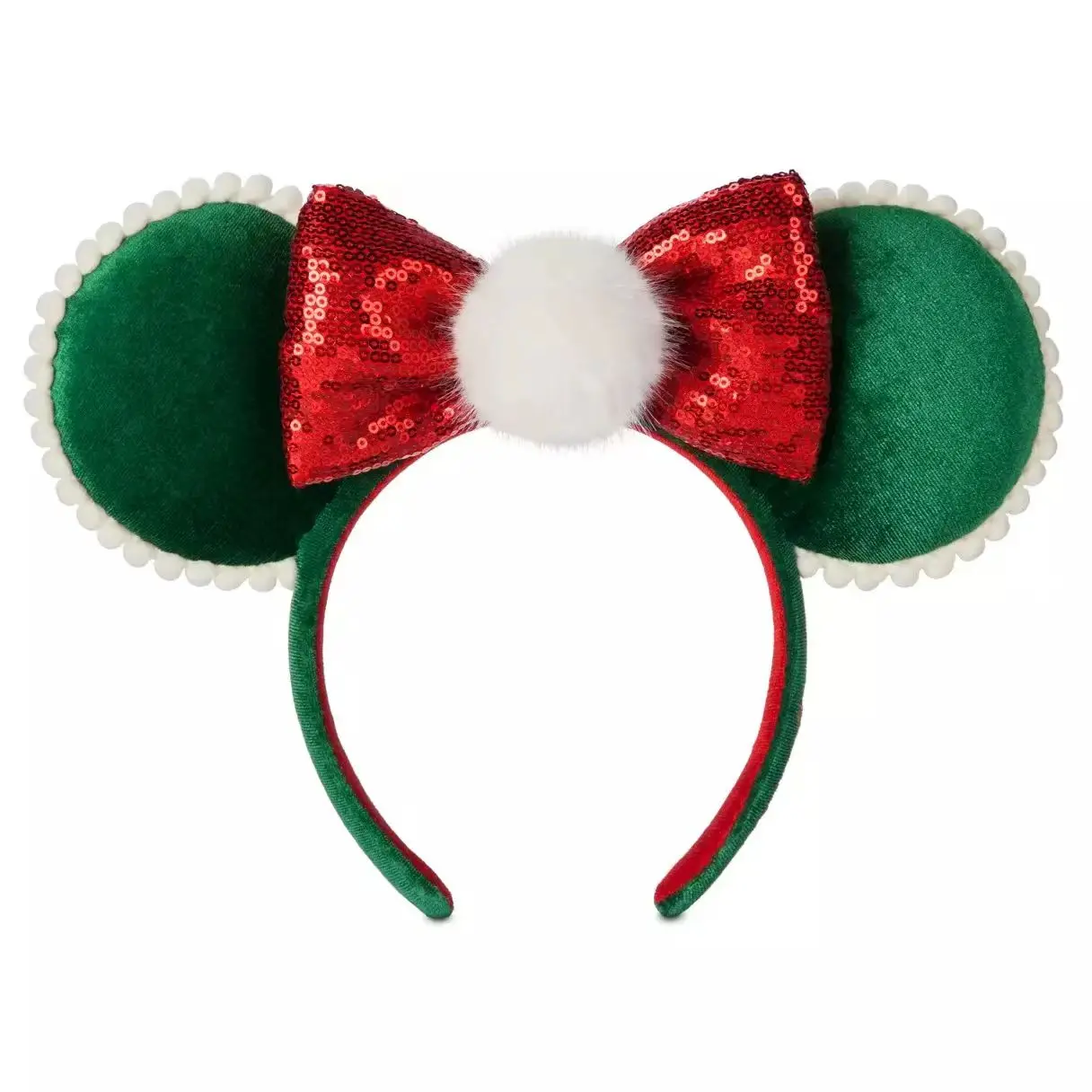 2024 Christmas Minnie Green Ear Headband Holiday Party Red Bow Hairband COSTUME Headband Cosplay Plush Adult/Kids Headband Gift