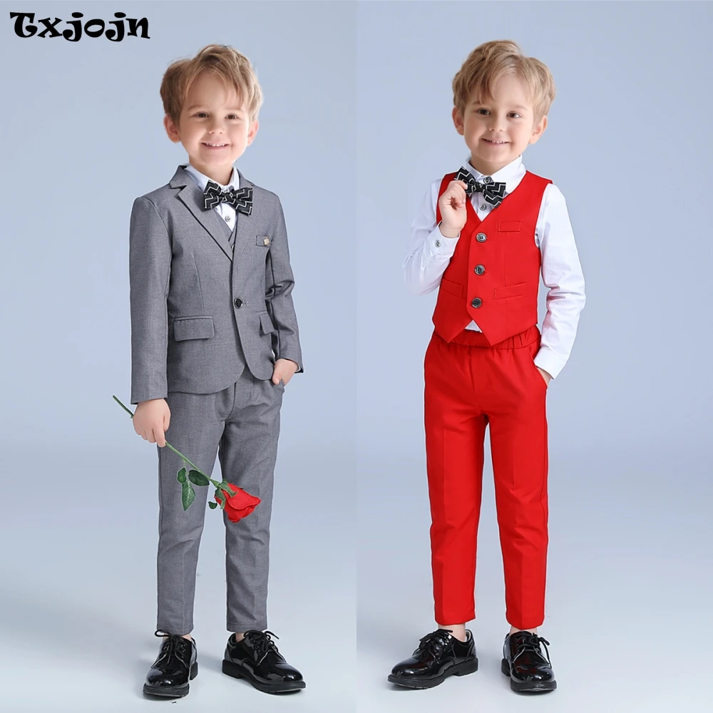 

Popular Fashion Flower Boys Suits For Wedding Classsic Kids 4 Pieces Blazer Vest Pants Bow-tie Catwalk Show Host Costumes