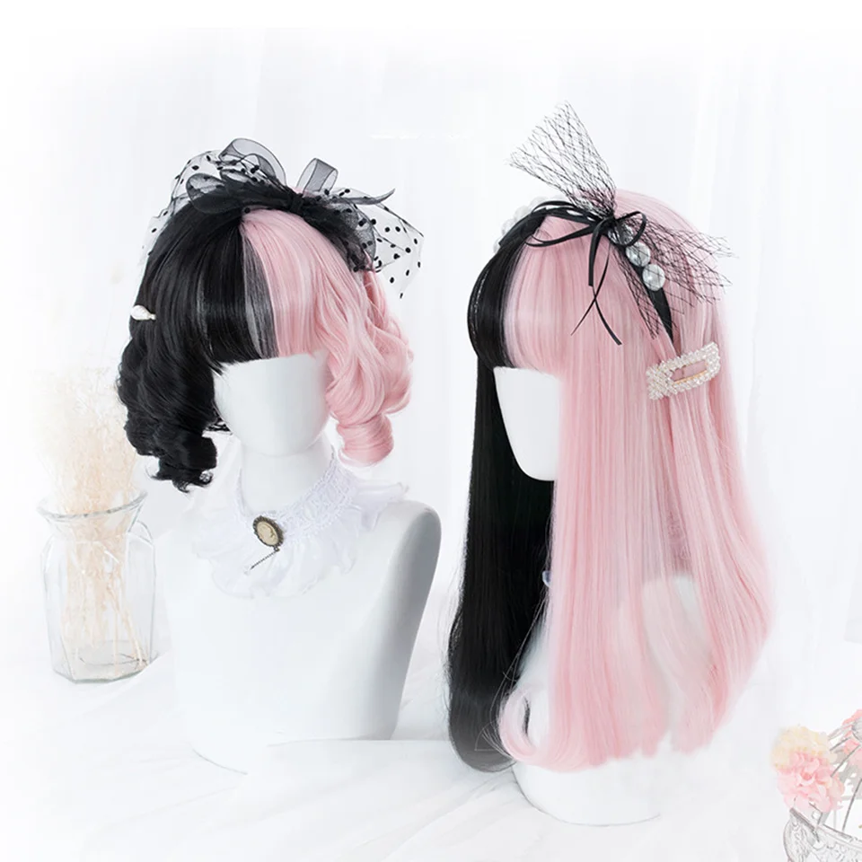 Synthetic Red Black Blonde White Lolita Wigs For Women Long Straight Wig With Bangs Genshin Impact Cosplay Wig