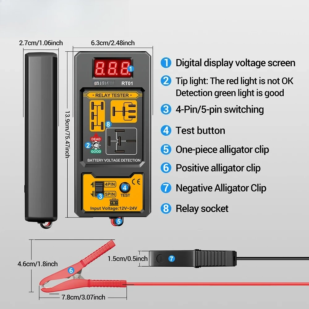 11-25V Relay Detector RT01 Digital Universal 4/5 Pins Car Battery Vehicle Detection Digital Display Voltage Battery Tester