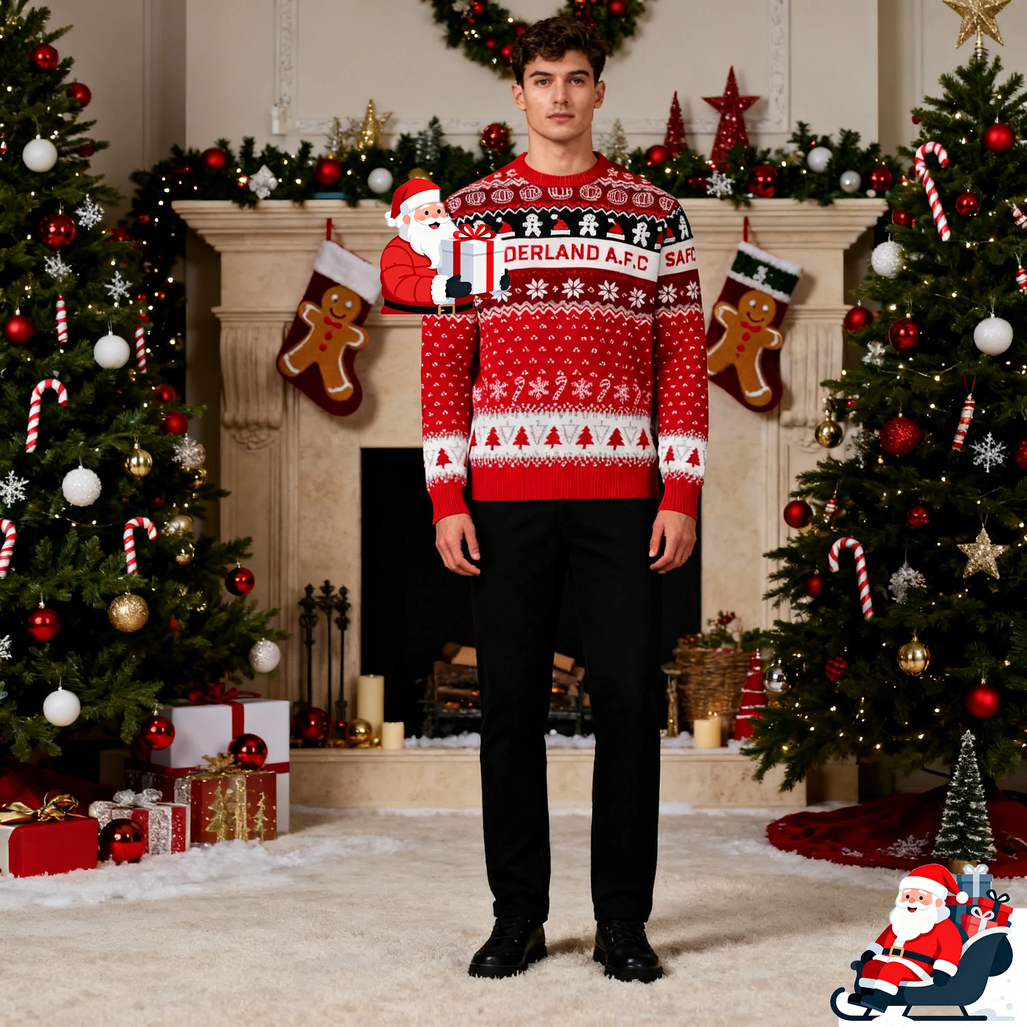 

Red Christmas Ugly Sweater Cute Snowman Snowflake Christmas Hat Winter Atmosphere Warm Soft Round Neck Pullover Christmas Gift