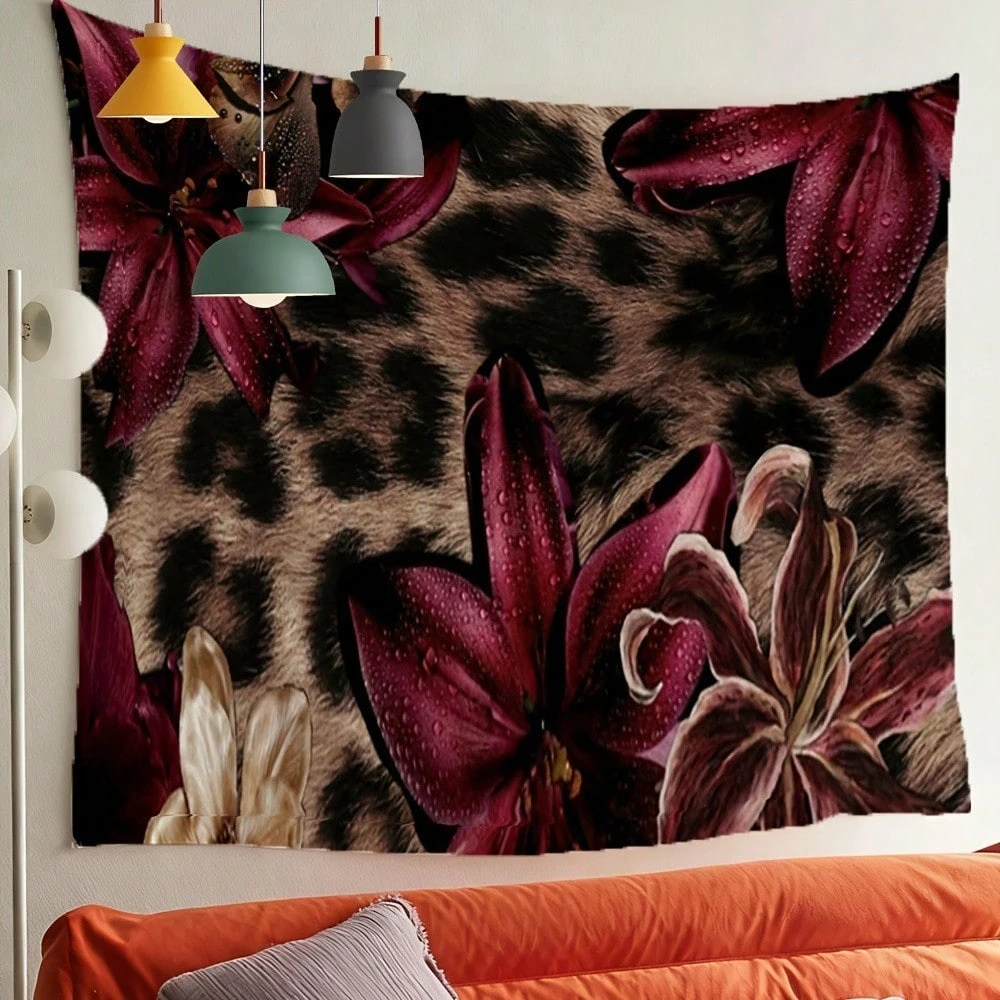 1pc Leopard Print Lily Floral Tapestry, Wild Flower Wall Hanging, Cool Room Stuff, Large Size, Polyester 2D Print, Bedroom Stuff
