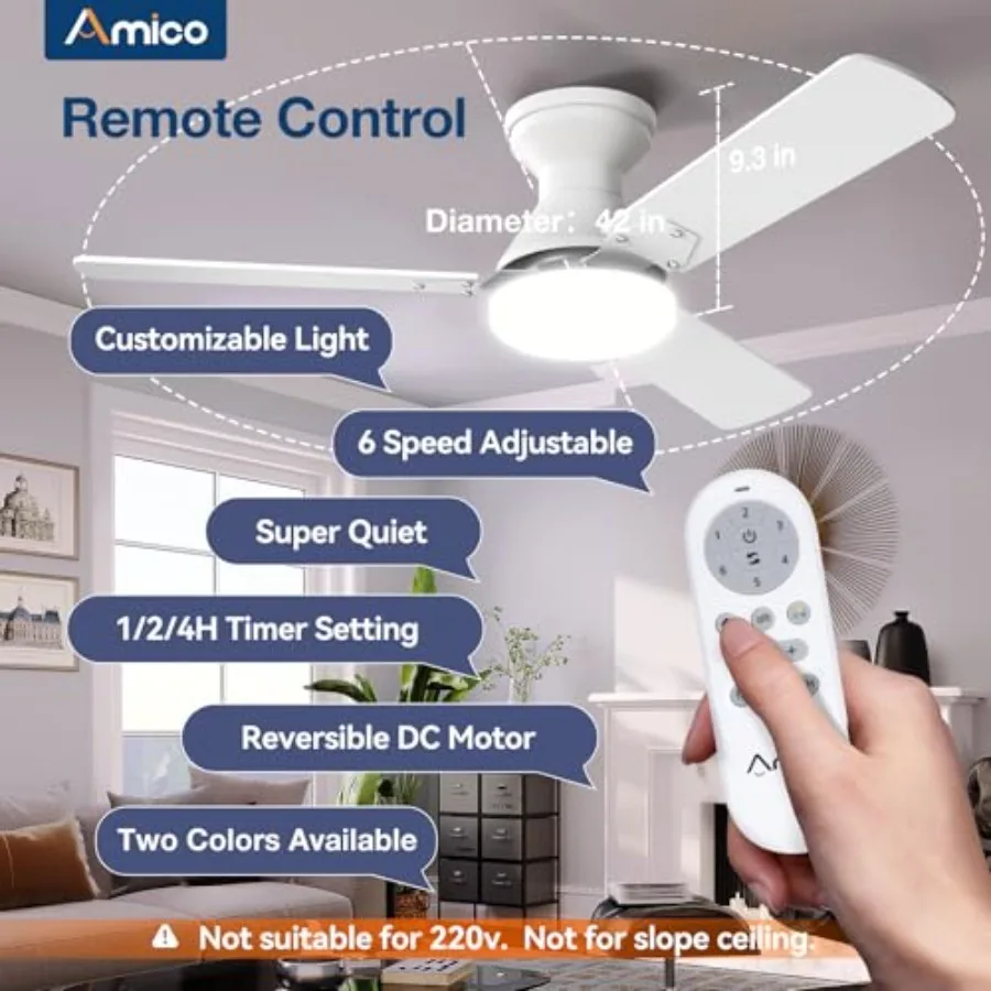 2 Pack Ceiling Fans with Lights for Bedroom Indoor/Outdoor, White ABS Plastic, White, Low Profile Flush Mount with 3CCT Dimmabl