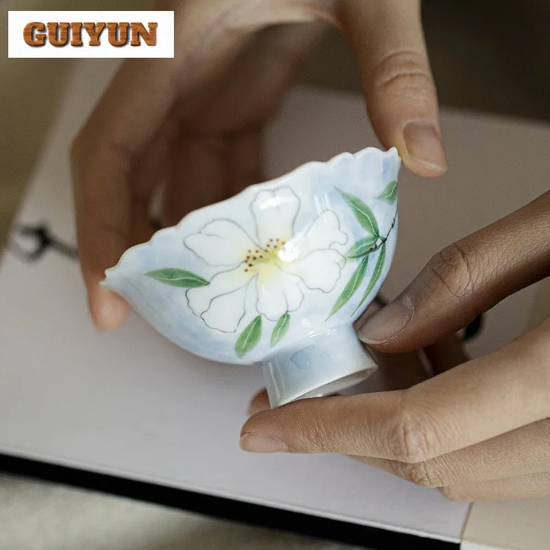 

2pc/lot Hand-painted Ink Dyed Blue Flower Mouth Teacup Antique Tea Bowl Beautiful Tea Cup Fragrance Cup Chazhan Master Cups 70ml