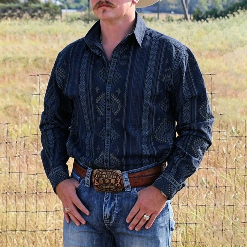 Men's Long Sleeve Western Retro Navajo Ethnic Print Shirt, Country Cowboy Collar Casual Blouse view 3