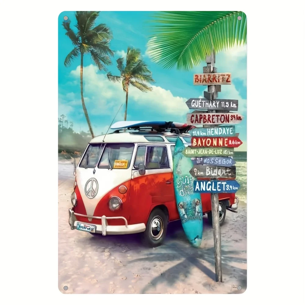 Vintage Surf Van Metal Sign  - Retro Beach Wall Art with Trees, Surfboards,European Destinations, Perfect for Home, Bar, Ca
