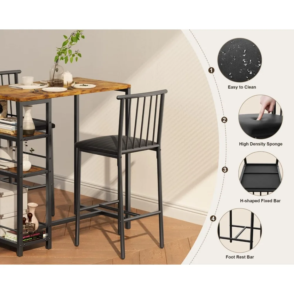 Dining Table Set for 2 with 3 Storage Shelves, Kitchen Table and Chairs for 2 with Pu Cushion Chairs & Thick Wood Top