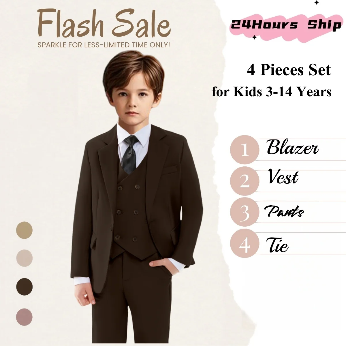 

Childrens Formal Wear, Boys Dress Suit, Kids Pageant Dress, Flower Boy Suit, 4 Pieces Jacket Pants Vest Tie Tuxedo Set