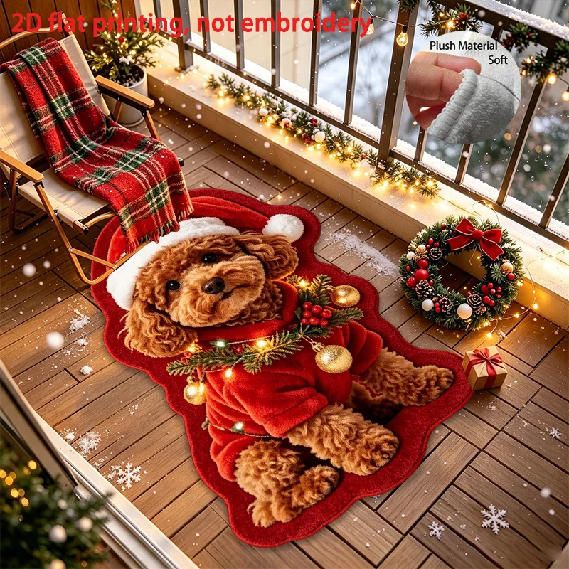 Christmas Poodle Puppy Shaped Rug Santa Hat Xmas Outfit Printed Floor Mat Soft Non Slip Washable Indoor Home Decor