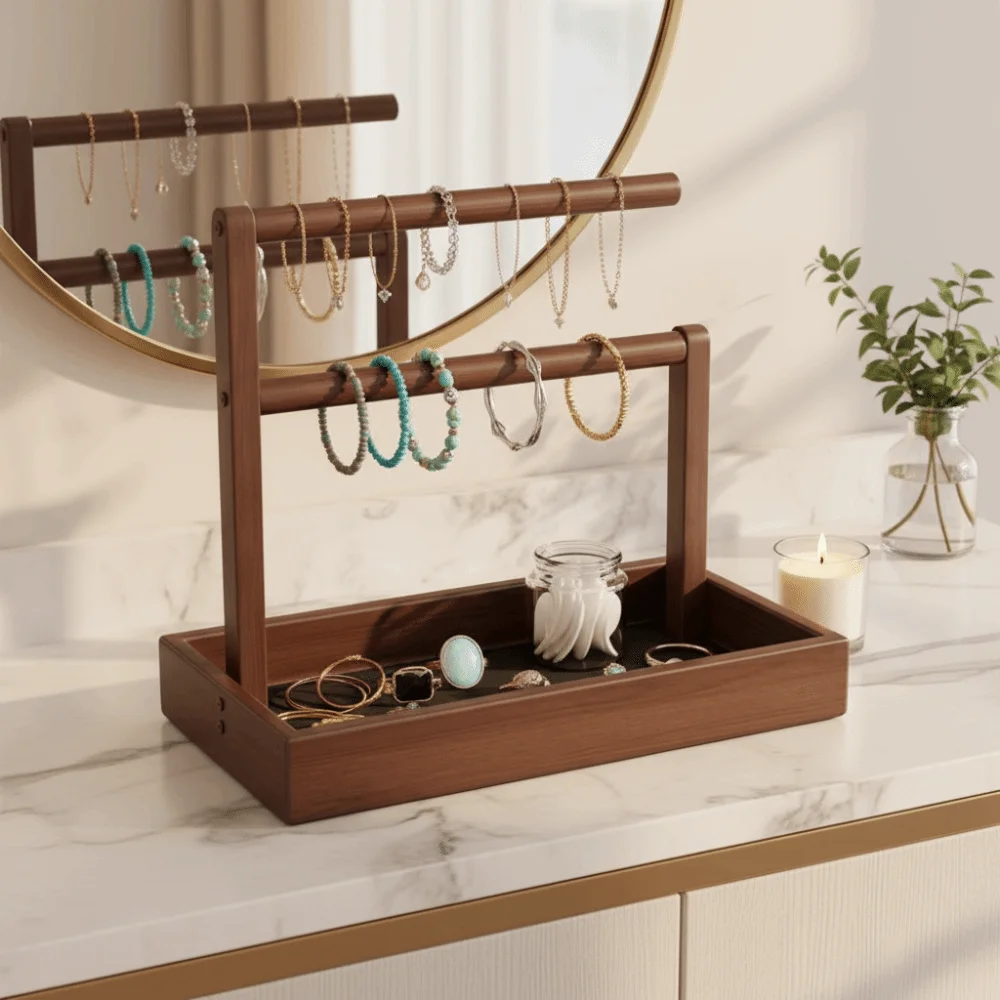 

Solid Wood Jewelry Stand Retro Style Large Size Ring Earring Necklace Display With Hook Multi-Layer Design