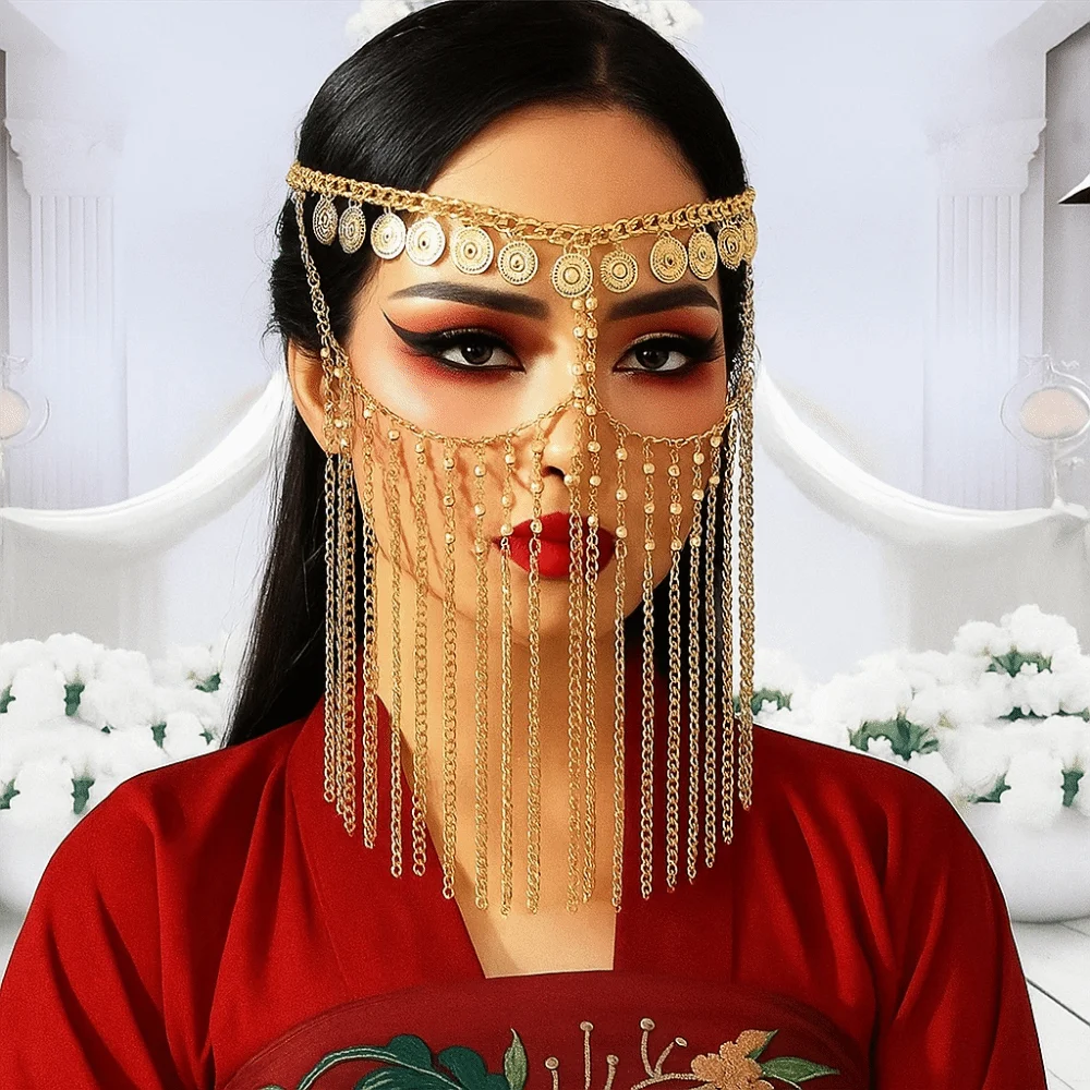 Coin Bell Belly Dance Face Veil Rhinestone Gold Curtain Head Chain Cosplay Headband Boho Masquerade Mask Belly Dance Stage