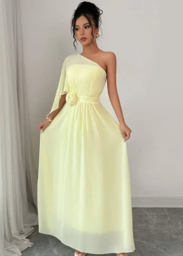 Alta qualidade personalizado tornozelo comprimento sem costas um ombro flor amarela feminino robe despeje mariage convidado Плаazoеtü kund©dheль