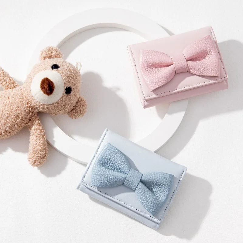 Korean version new solid color simple bow small three fold small mini student short wallet for women