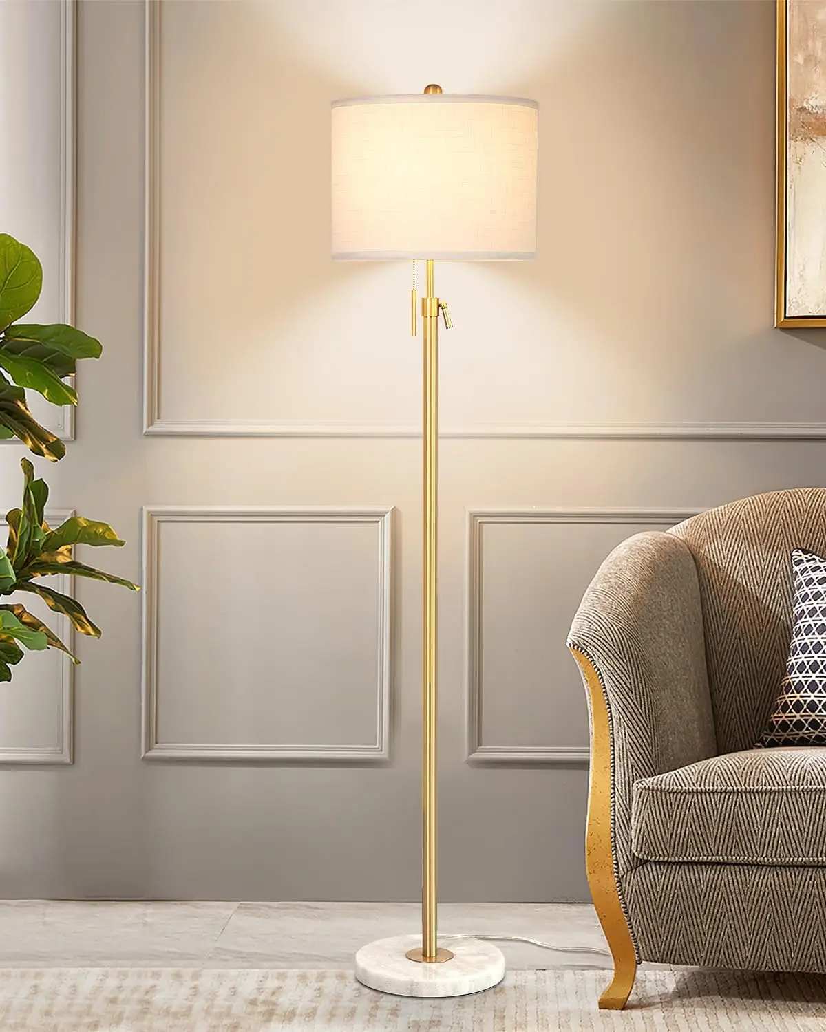 

Modern Floor Lamp for Living Room, Adjustable Height Standing Lamp with Marble Base, 3-Way Dimmable Gold Brass Tall Pole