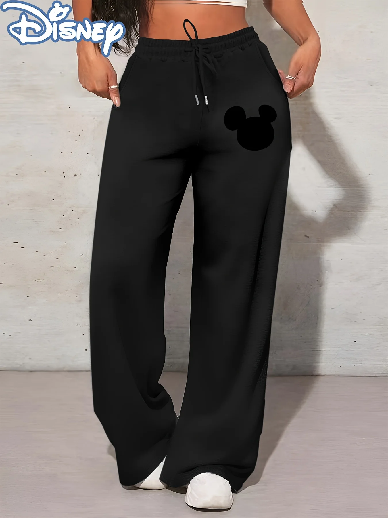 Pantalon de survêtement Disney Mickey Mouse pour femmes, décontracté, en polaire, jambe droite, taille élastique, tendance, surdimensionné, automne hiver