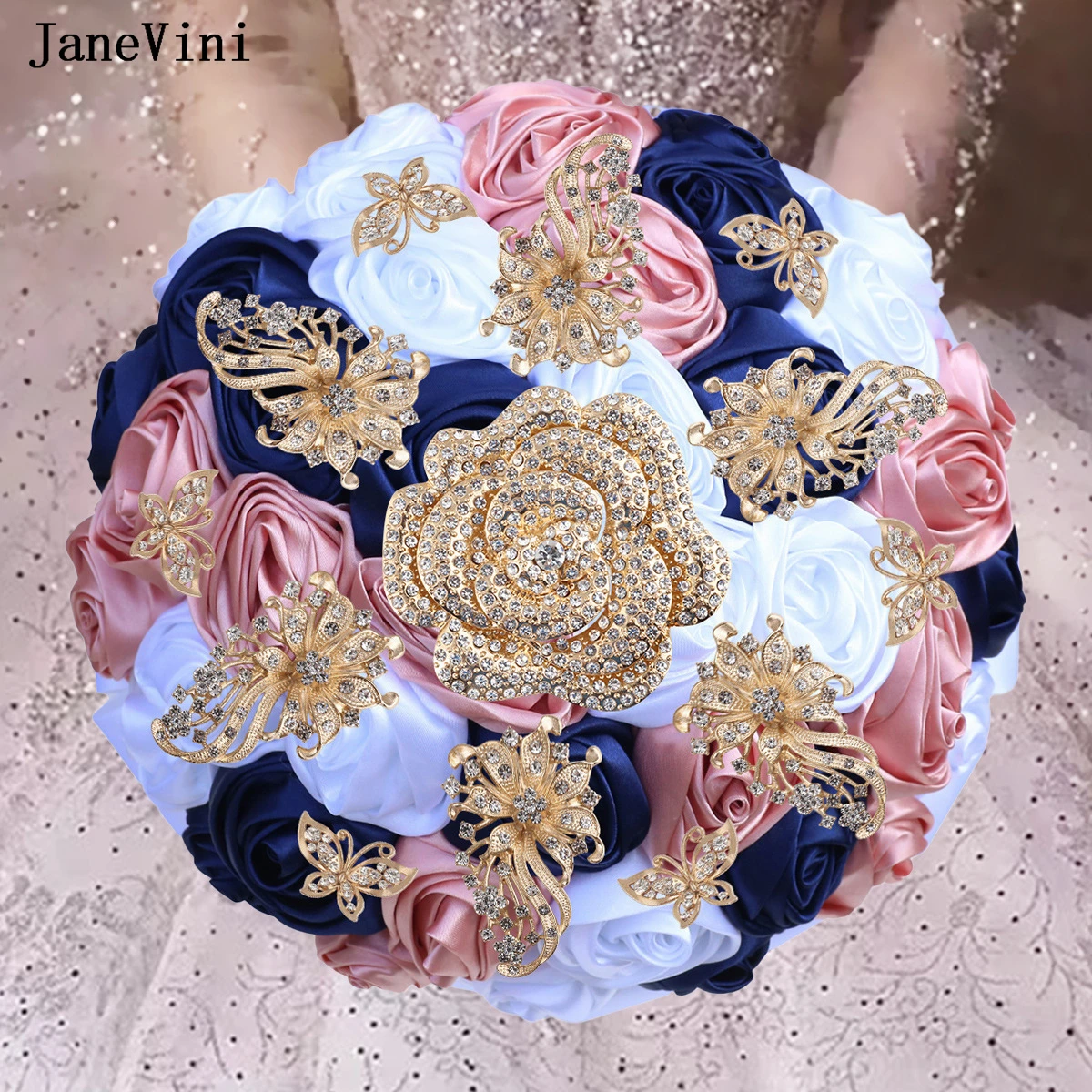 

JaneVini New Luxury Gold Rhinestone Jewelry Bridal Brooch Bouquets Artificial Satin Roses European Bride Wedding Bouquet Flowers