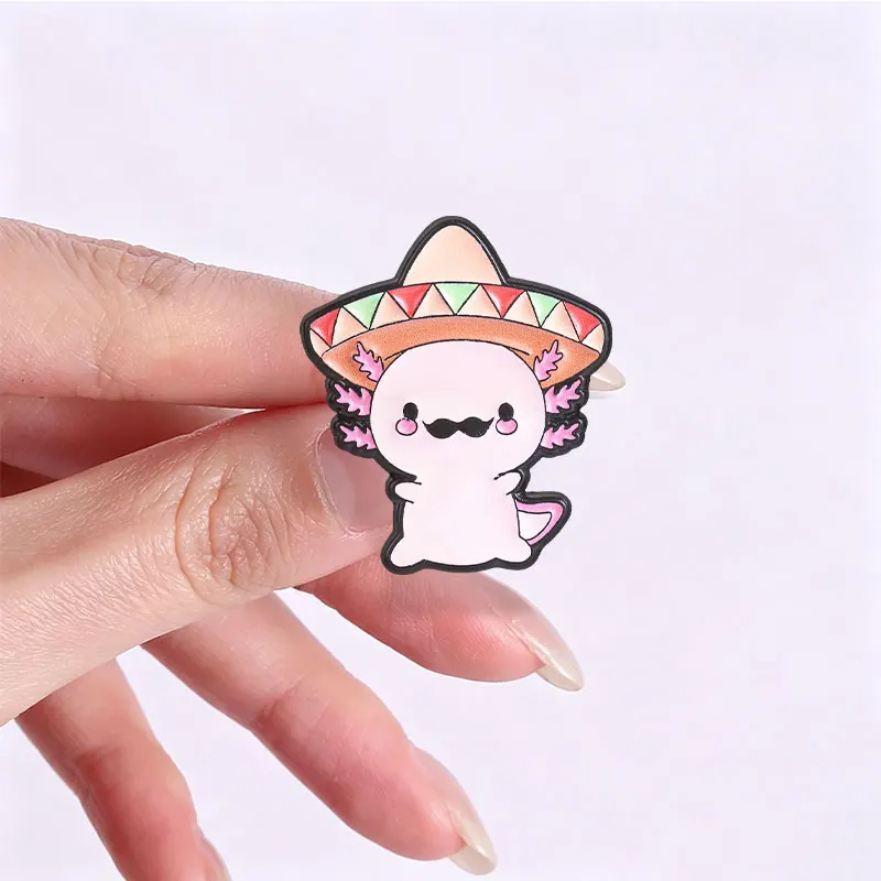 Mexikanische Fiesta Axolotl Emaille-Pins, Niedliche Sombrero-Schnurrbart-Broschen, Cartoon-Salamander-Abzeichen, Kawaii Tierschmuck, Geschenk für Freunde – Detail 3