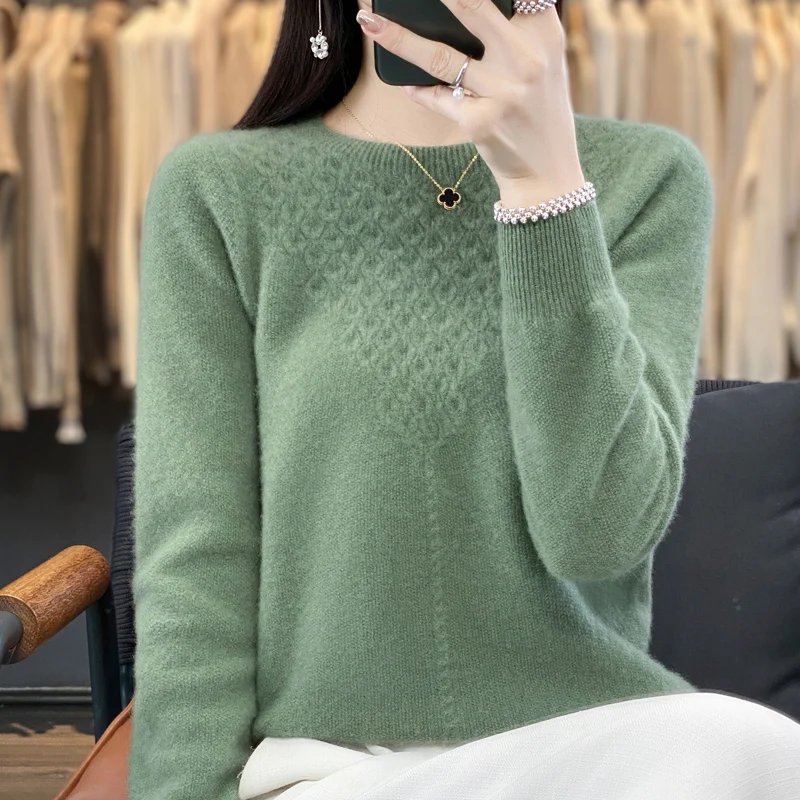 100% merino wool O-neck women\'s sweater autumn and winter long-sleeved knitted cashmere sweater pullover loose fashion top