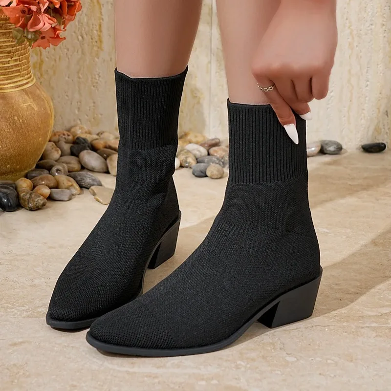 

Sexy Pointed Toe Thick High Heel Sock Boots Women 2025 Winter Colorful Elastic Knitted Designer Ankle Boots Woman Short Booties